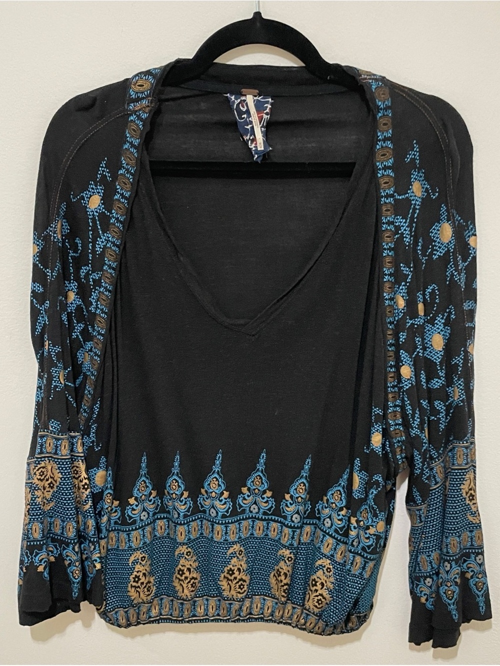 Free People Black Boho Embroidered V-neck Top, Medium - Picture 6 of 10
